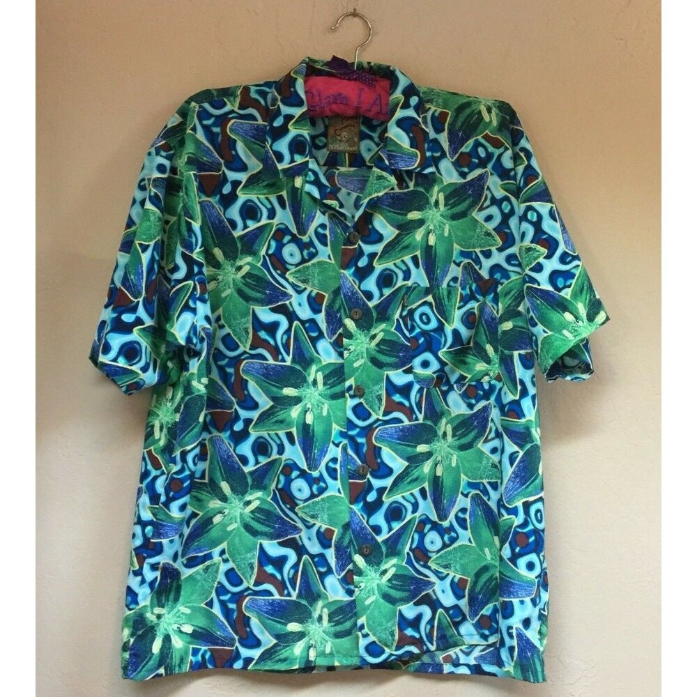 Vintage Pineapple Connection Mens Hawaiian Shirt Size Large Blue Green Floral